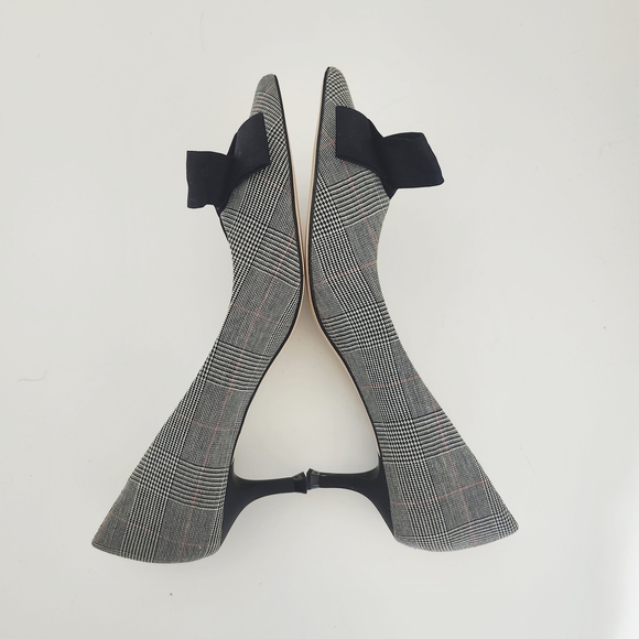 Zara Women’s Black Gray Plaid Bow Mini Heels EU 36 Pumps Office Career Shoes - Picture 8 of 16